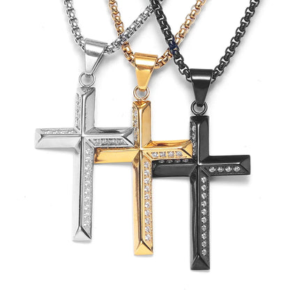 Simple Gemstone Cross Stainless Steel Men's Necklace Pendant Chain
