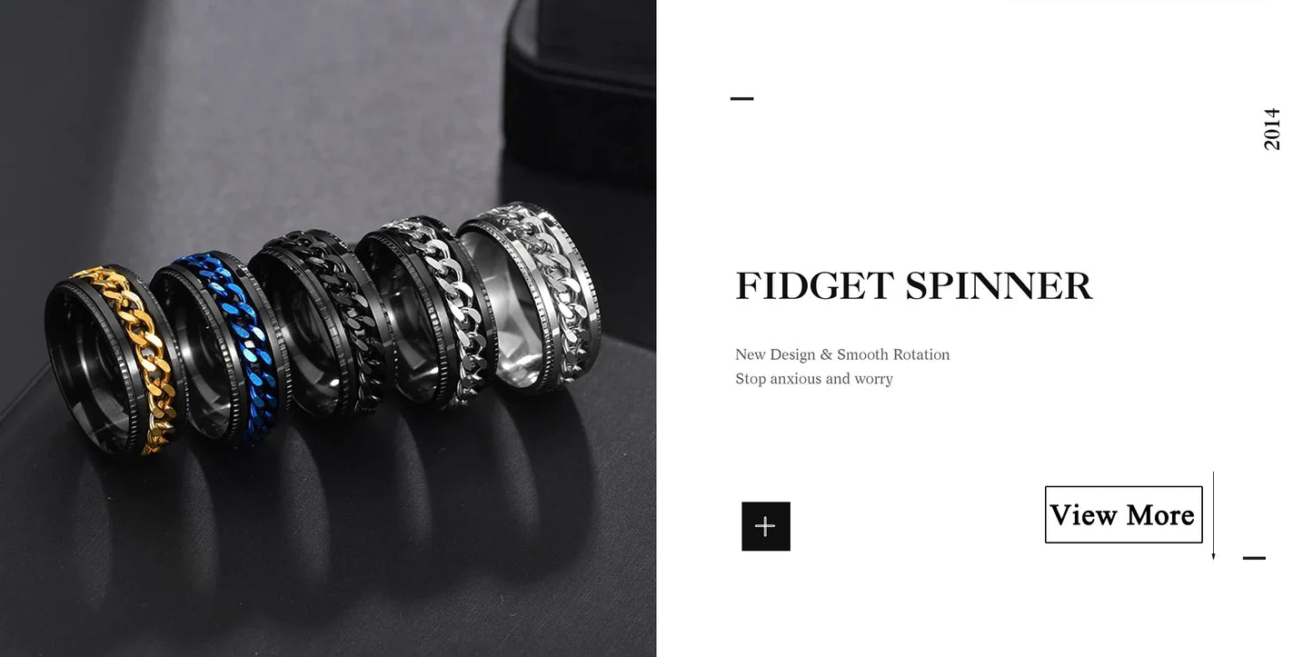 Fashion Punk Style Gear Rotating Anxiety Fidget Ring Titanium Steel Chain Spinner Rings For Men Rock Biker Wedding Party Jewelry