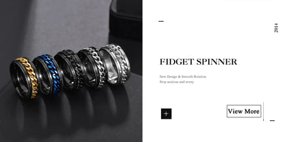 Fashion Punk Style Gear Rotating Anxiety Fidget Ring Titanium Steel Chain Spinner Rings For Men Rock Biker Wedding Party Jewelry