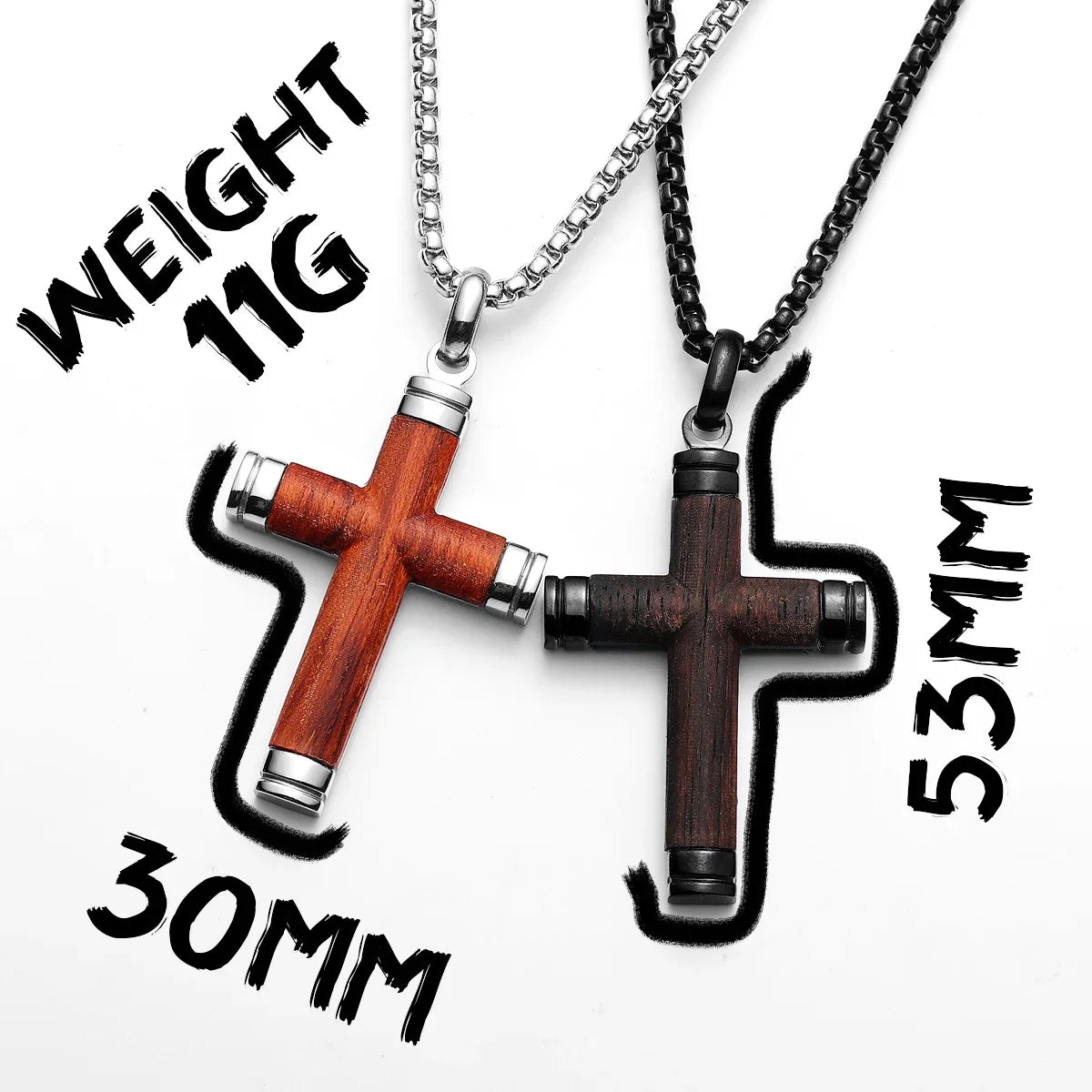 Wood Cross Exorcism Amulet Stainless Steel Men's Necklace Pendant Chain