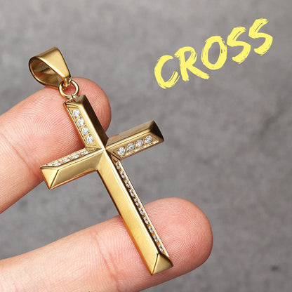 Simple Gemstone Cross Stainless Steel Men's Necklace Pendant Chain