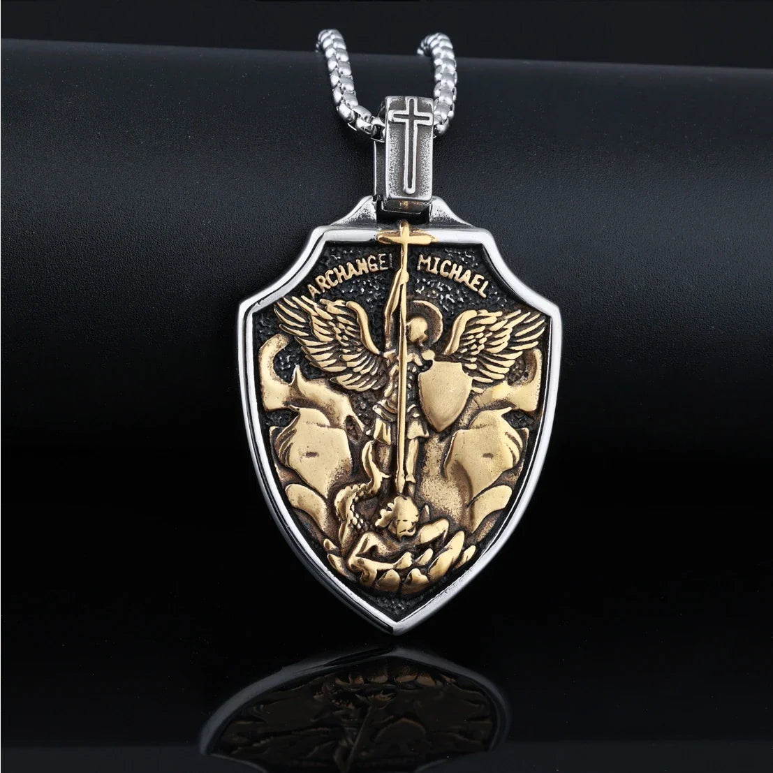 Archangel St.Michael Shield Amulet Stainless Steel Men's Necklace Pendant Chain