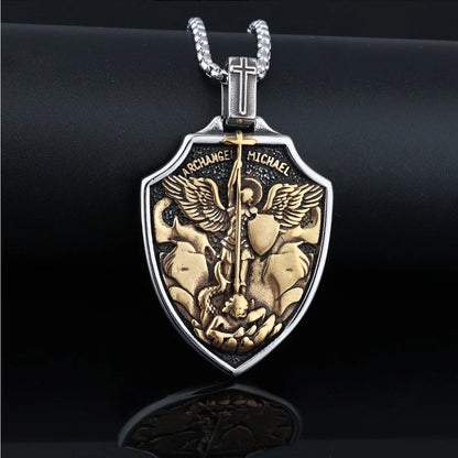 Archangel St.Michael Shield Amulet Stainless Steel Men's Necklace Pendant Chain
