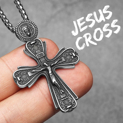 Retro Jesus Cross Amulet Stainless Steel Men's Pendant Necklace
