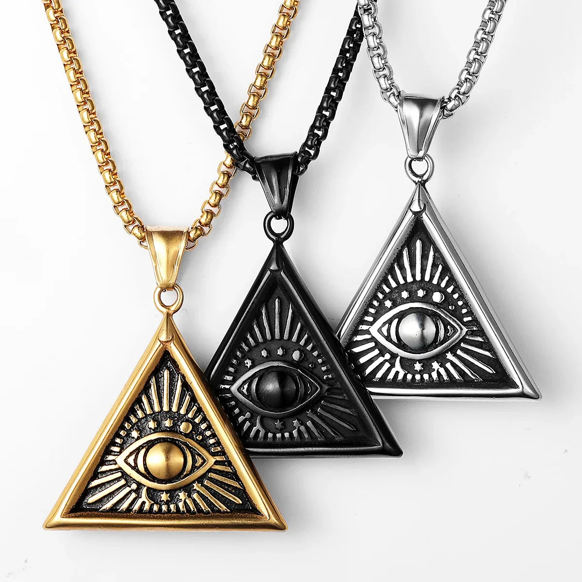 Masonic Illuminati Eye Stainless Steel Men's Necklace Pendant Chain