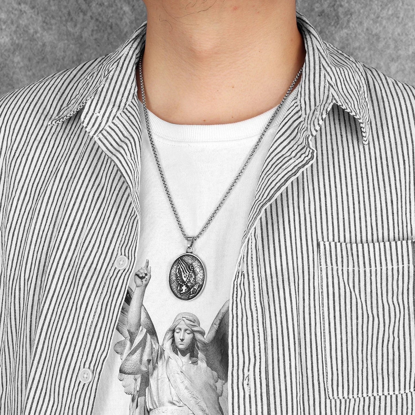 Cross Prayer Praying Hands Stainless Steel Men's Necklace Pendant Chain