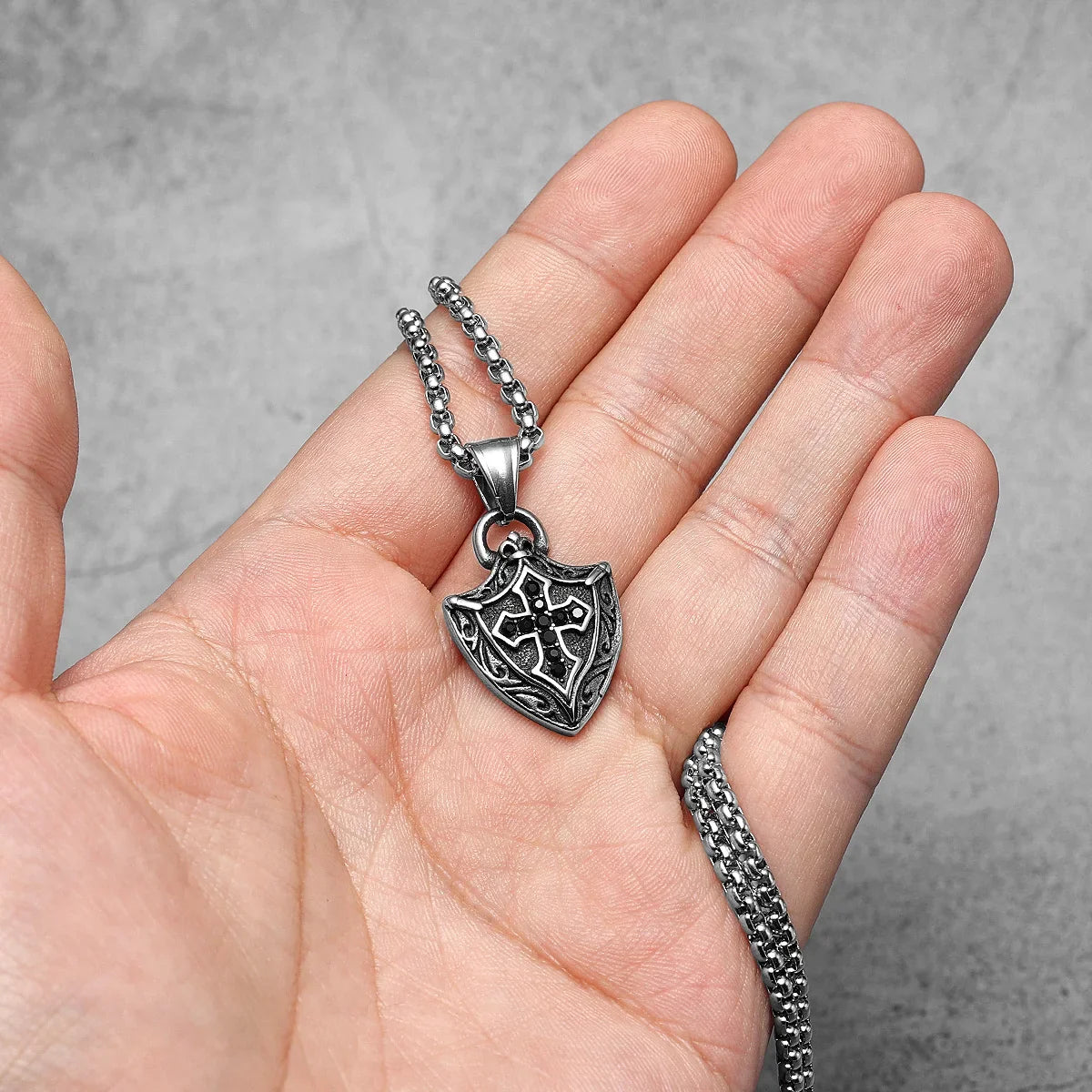 Cross Shield Amulets Gemstone Stainless Steel Men's Necklace Pendant Chain