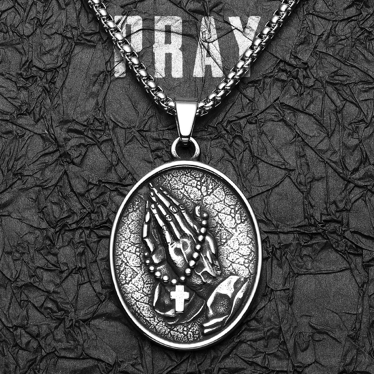 Cross Prayer Praying Hands Stainless Steel Men's Necklace Pendant Chain