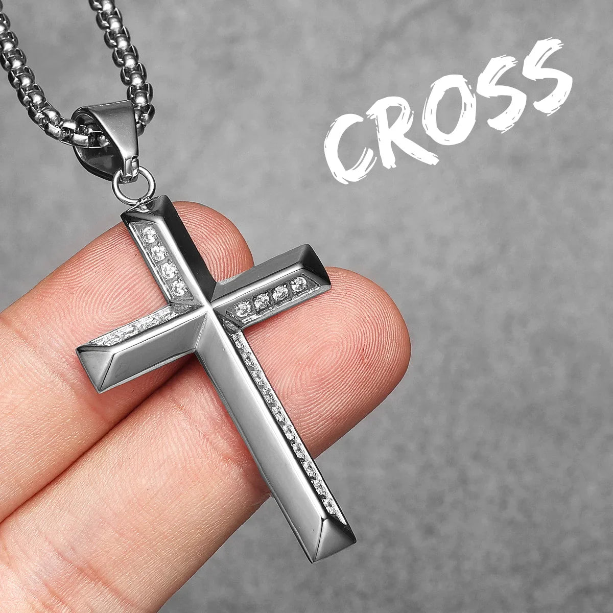 Simple Gemstone Cross Stainless Steel Men's Necklace Pendant Chain