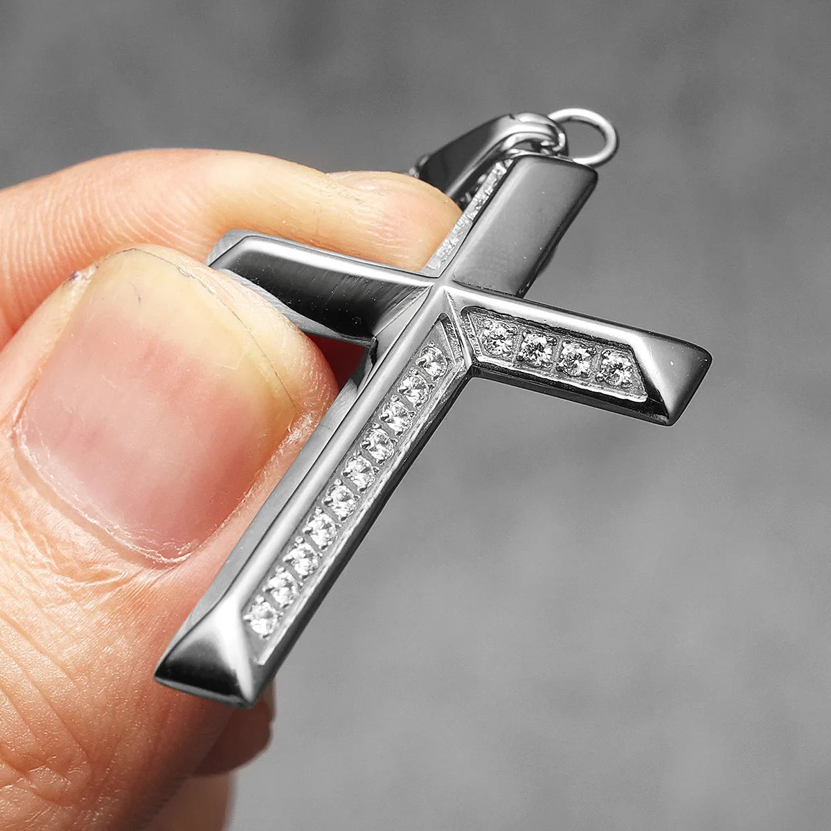 Simple Gemstone Cross Stainless Steel Men's Necklace Pendant Chain