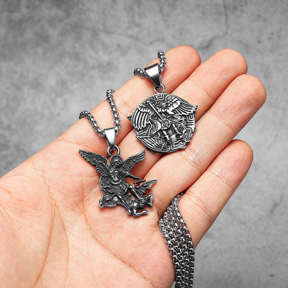 Archangel St. Michael Defeating Satan Stainless Steel Pendant Men's Necklace