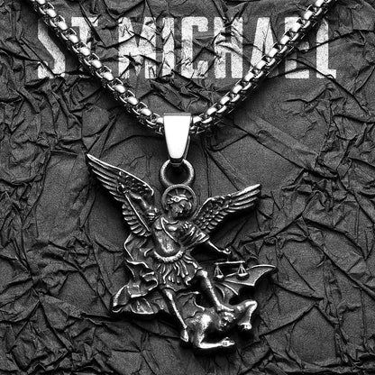 Archangel St. Michael Defeating Satan Stainless Steel Pendant Men's Necklace