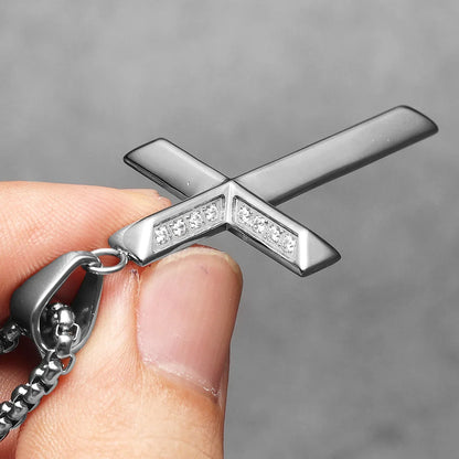Simple Gemstone Cross Stainless Steel Men's Necklace Pendant Chain
