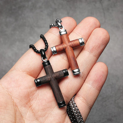 Wood Cross Exorcism Amulet Stainless Steel Men's Necklace Pendant Chain