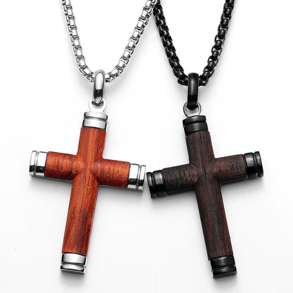 Wood Cross Exorcism Amulet Stainless Steel Men's Necklace Pendant Chain