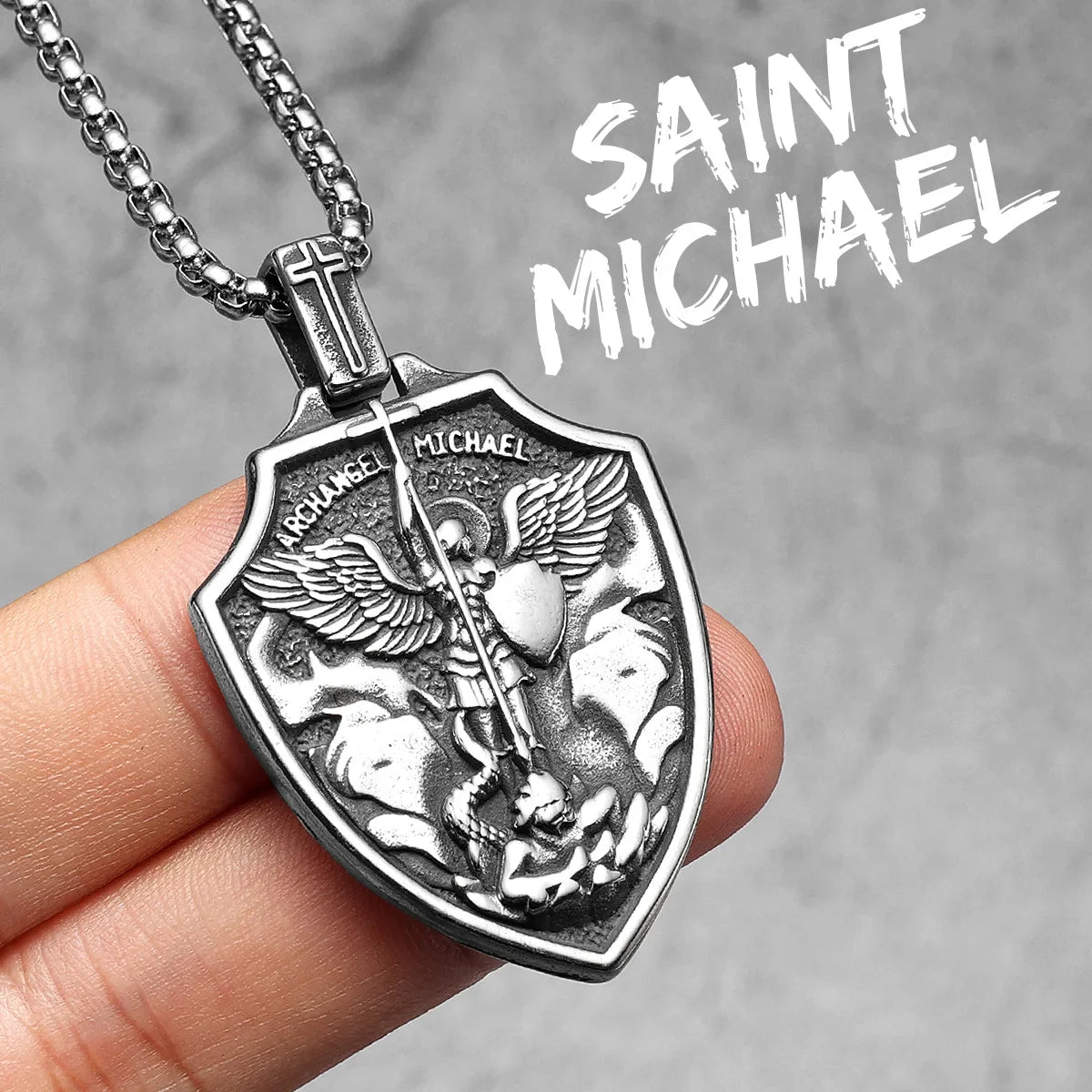 Archangel St.Michael Shield Amulet Stainless Steel Men's Necklace Pendant Chain