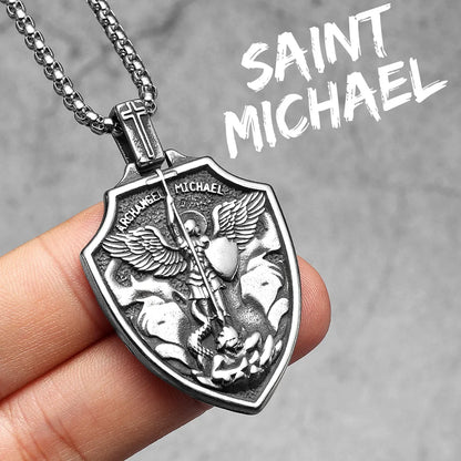 Archangel St.Michael Shield Amulet Stainless Steel Men's Necklace Pendant Chain