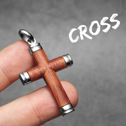Wood Cross Exorcism Amulet Stainless Steel Men's Necklace Pendant Chain