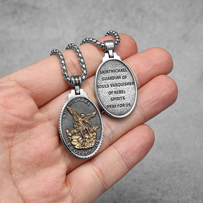 Archangel St.Michael Guardian Stainless Steel Men's Necklace Pendant Chain