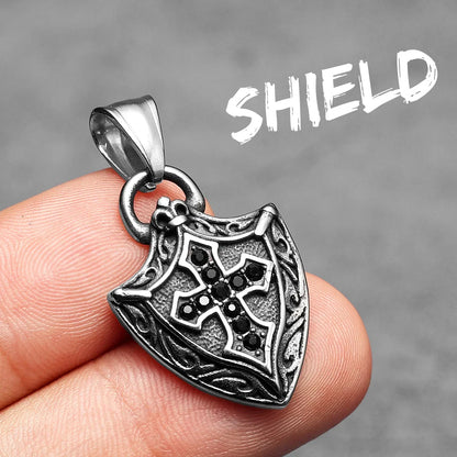 Cross Shield Amulets Gemstone Stainless Steel Men's Necklace Pendant Chain