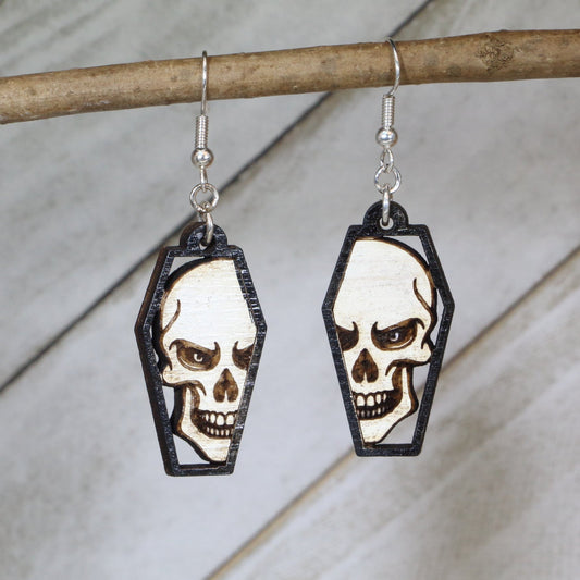 Skull Coffin Wooden Dangle Earrings | Gothic Halloween Jewelry