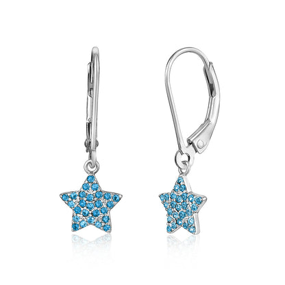 Sterling Silver CZ Star Dangle Leverback Earrings