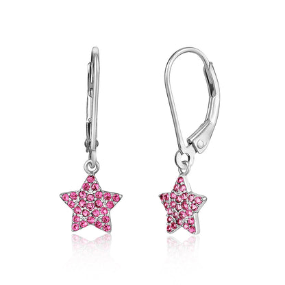 Sterling Silver CZ Star Dangle Leverback Earrings