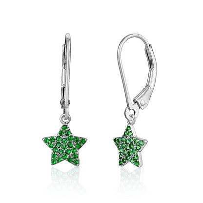 Sterling Silver CZ Star Dangle Leverback Earrings