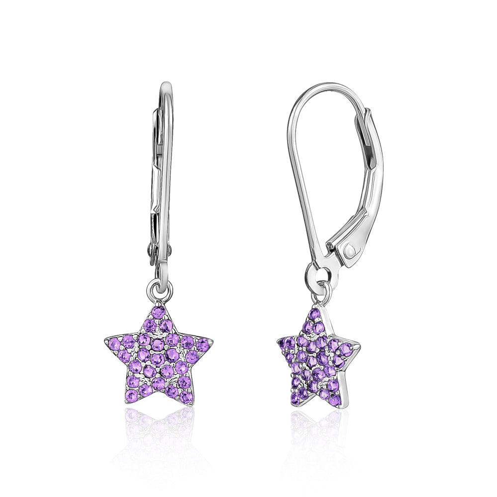 Sterling Silver CZ Star Dangle Leverback Earrings