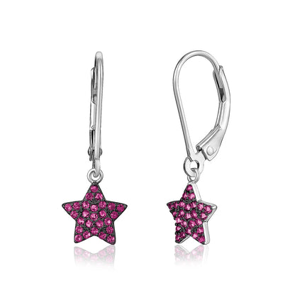 Sterling Silver CZ Star Dangle Leverback Earrings