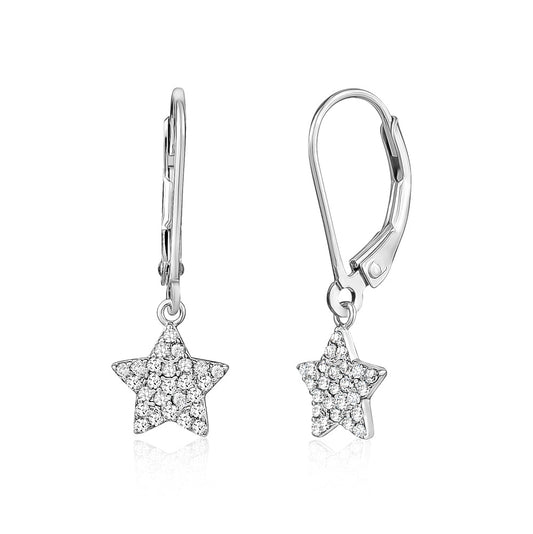 Sterling Silver CZ Star Dangle Leverback Earrings