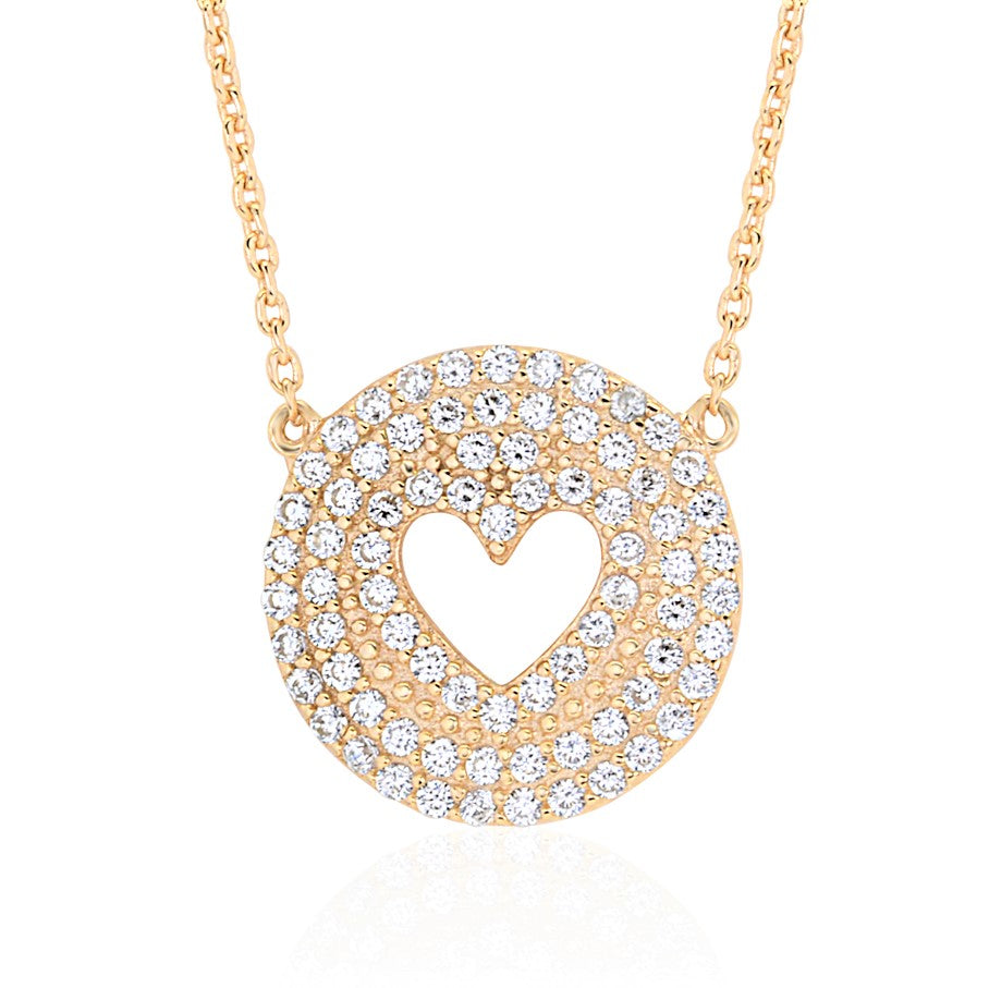Pave CZ Disc Pendant Necklace with Heart Cut-Out