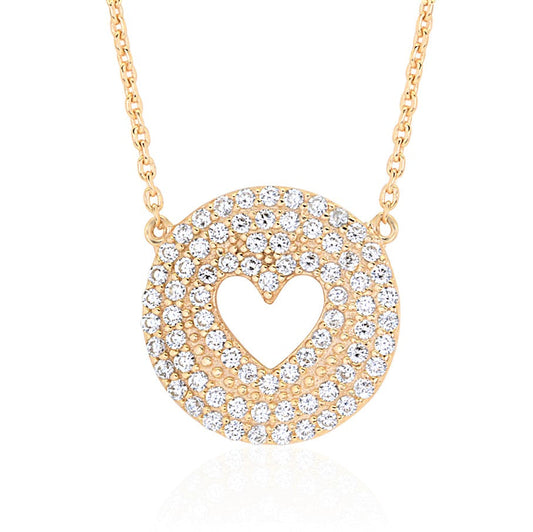 Pave CZ Disc Pendant Necklace with Heart Cut-Out