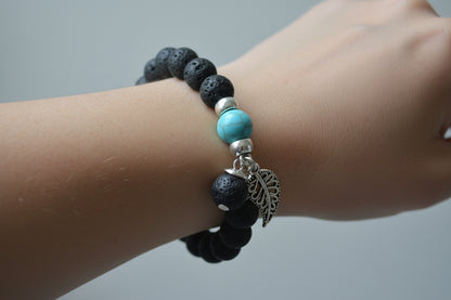 Black and Turquoise Feather Charm Lava Stone Essential Oil Bracelet