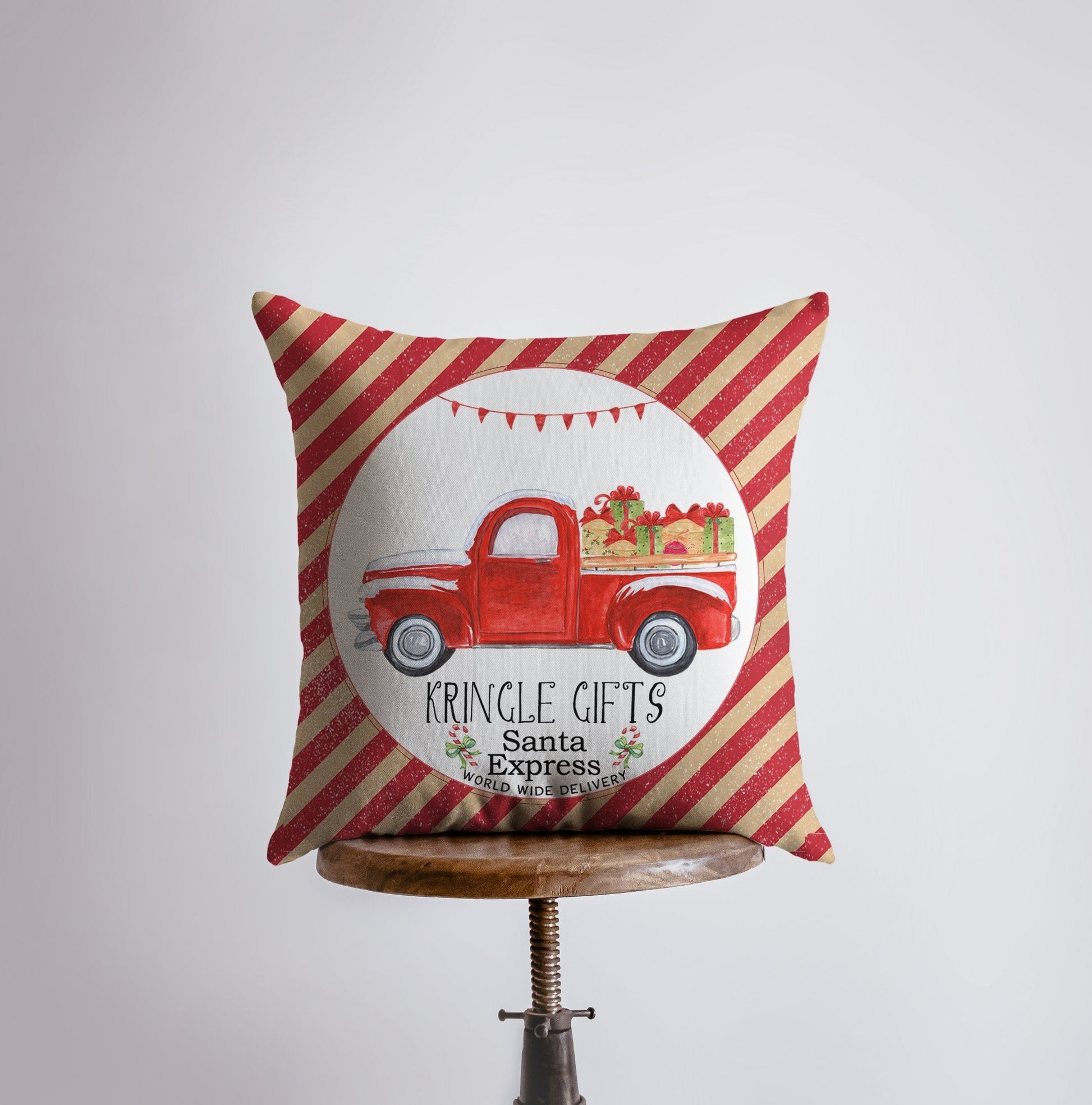 Kringle Gifts | Red Christmas Truck | Pillow Cover | Christmas Decor | Maroon Abderus