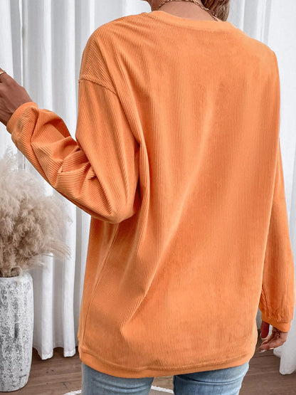 Halloween Sequined Pumpkin Ribbed Round Neck Sweatshirt