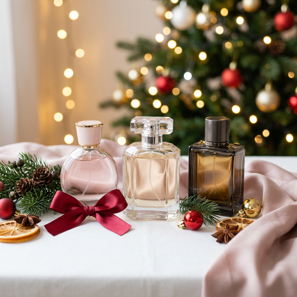 Perfume and cologne bottles with cranberry ribbon, evergreen sprigs, and ornaments beside a glowing Christmas tree.
