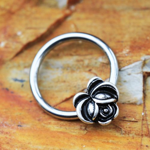 316L Stainless Steel Captive Bead Ring with Antique Plated Flower