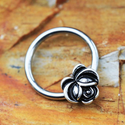 316L Stainless Steel Captive Bead Ring with Antique Plated Flower