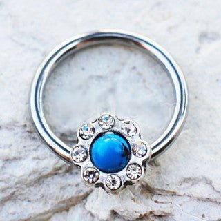 316L Stainless Steel Turquoise Flower Snap-in Captive Bead Ring | Fashion Hut Jewelry