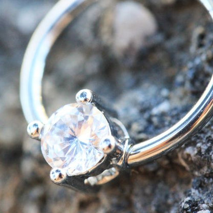316L Stainless Steel Prong Set CZ Captive Bead Ring / Septum Ring