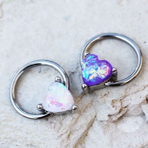Synthetic Opal Heart Snap-in Captive Bead Ring / Septum Ring