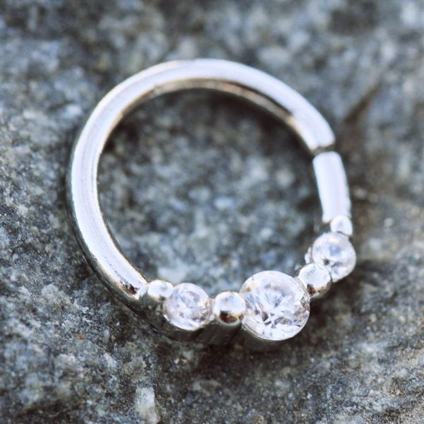 316L Stainless Steel Clear CZ Trio Annealed Seamless Ring / Septum Ring