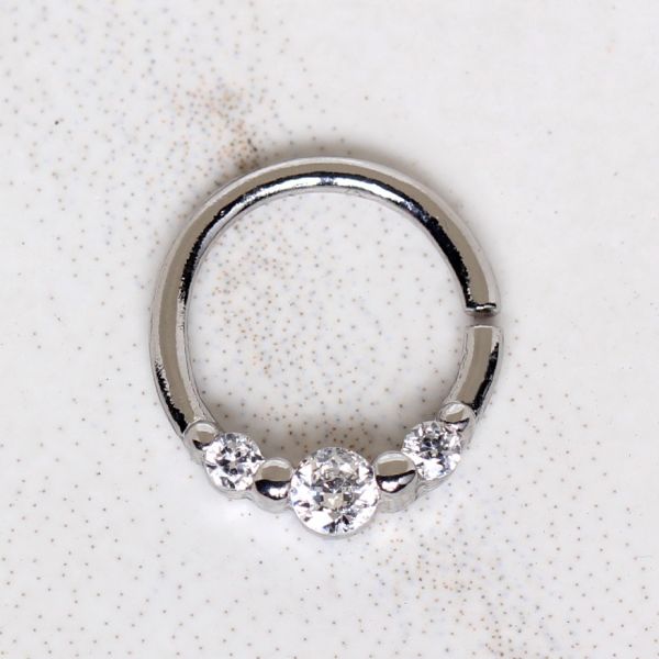 316L Stainless Steel Clear CZ Trio Annealed Seamless Ring / Septum Ring