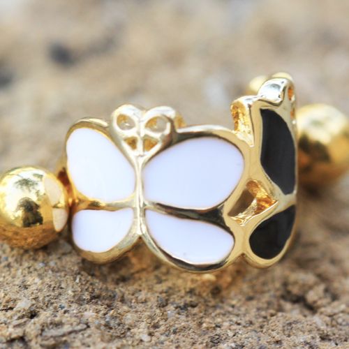 Gold Plated Black and White Butterfly Cartilage Ear Cuff