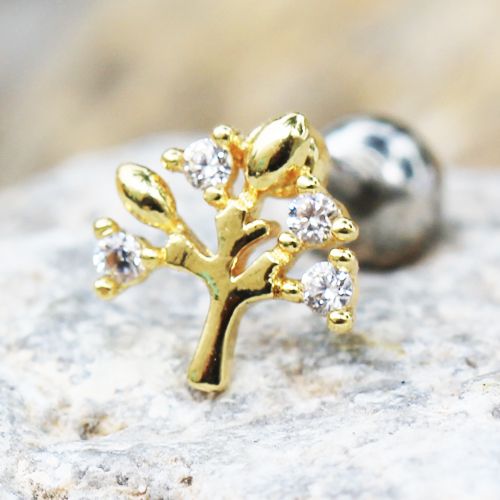 Yellow Gold Sparkling Tree of Life Cartilage Earring