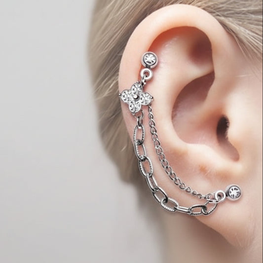 316L Surgical Steel Flower CZ Double Chained Cartilage Earring