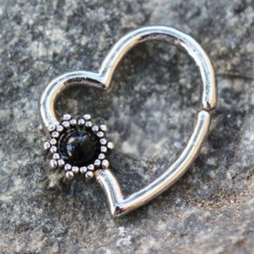 316L Stainless Steel Black Flower Heart Annealed Cartilage Earring | Fashion Hut Jewelry