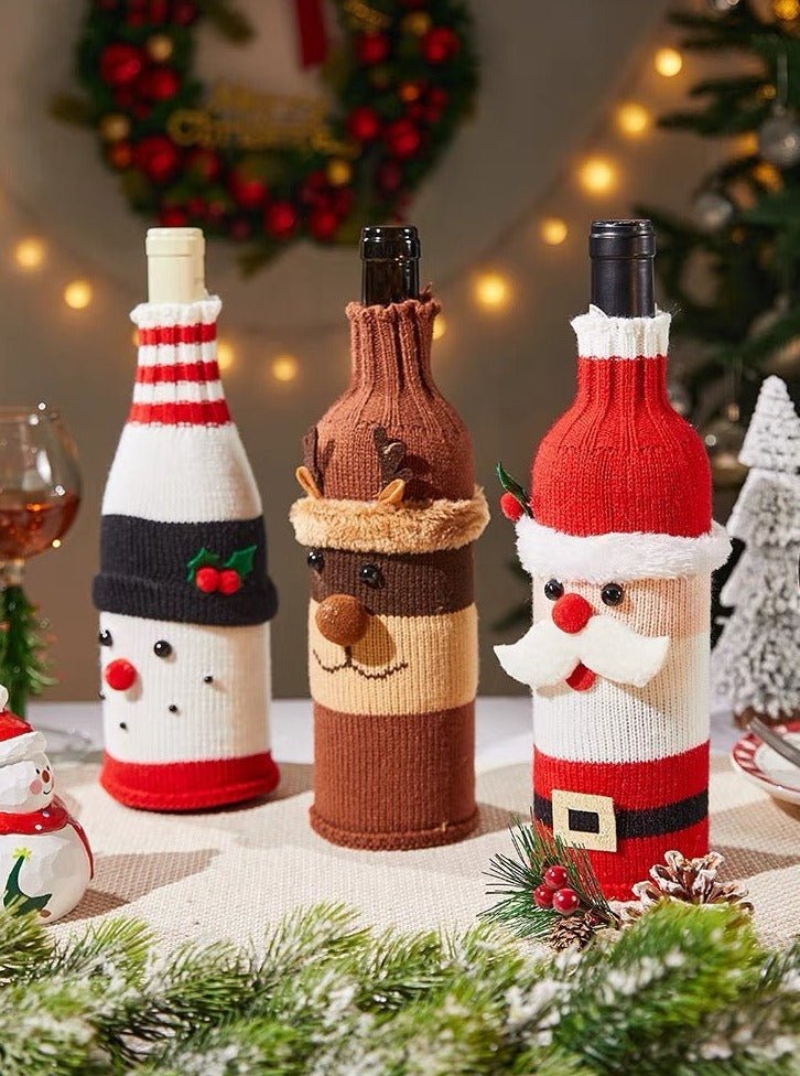 Cute Knitted Christmas Wine Bottle Cover Sleeves Set of 3 Pcs Fashion Hut Jewelry