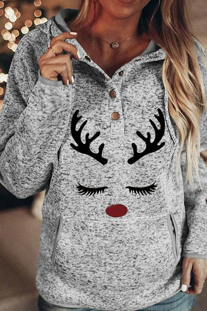Christmas Reindeer Print Button Kangaroo Pocket Hoodie Fashion Hut Jewelry